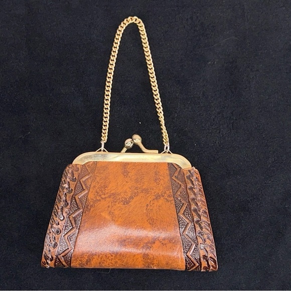 HANDMADE TOOLED LEATHER COIN PURSE GOLD CHAIN PAINTED FLEUR DE LIS WESTERN - Picture 3 of 14